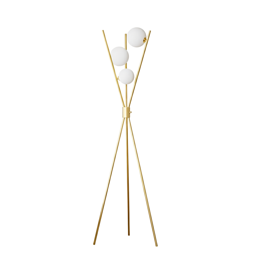 Lampadar tripodal în stil mid-century — Reglabil, cu finisaj auriu-aramă și trei abajururi globulare
