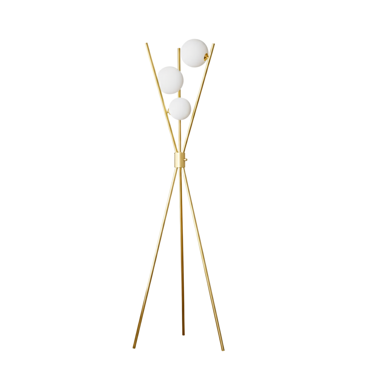 Lampadar tripodal în stil mid-century — Reglabil, cu finisaj auriu-aramă și trei abajururi globulare