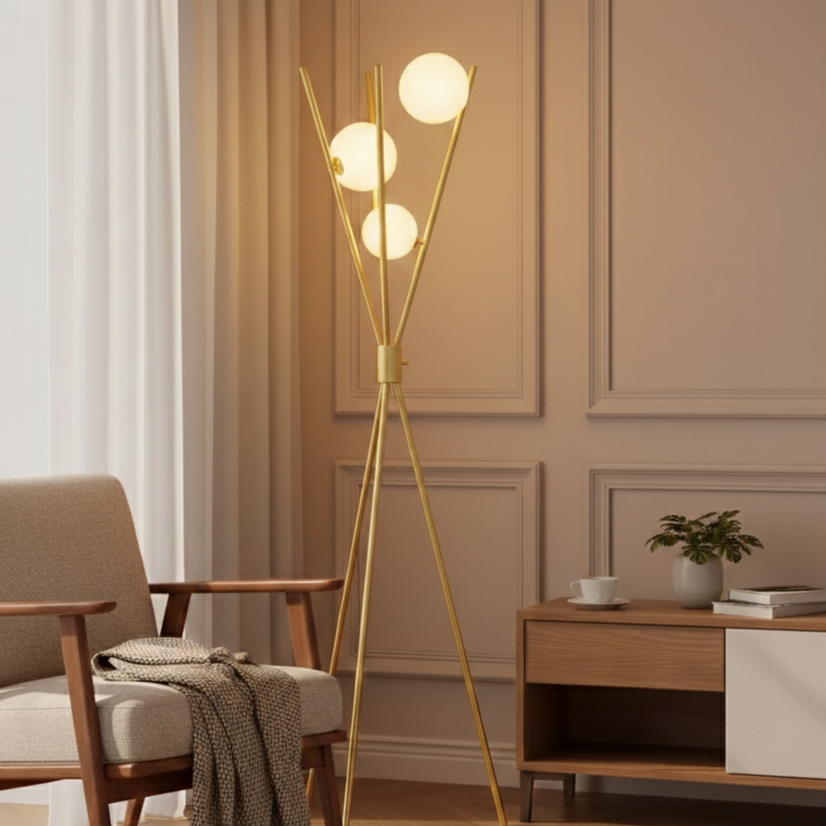 Lampadar tripodal în stil mid-century — Reglabil, cu finisaj auriu-aramă și trei abajururi globulare