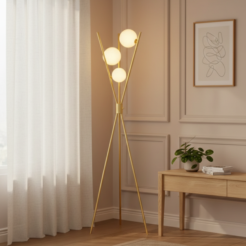Lampadar tripodal în stil mid-century — Reglabil, cu finisaj auriu-aramă și trei abajururi globulare