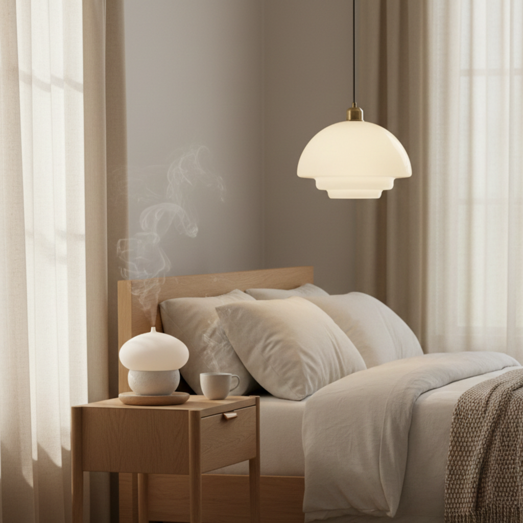 Taklampa i mid-century-stil – vit opalglasskärm, mässingsdetaljer