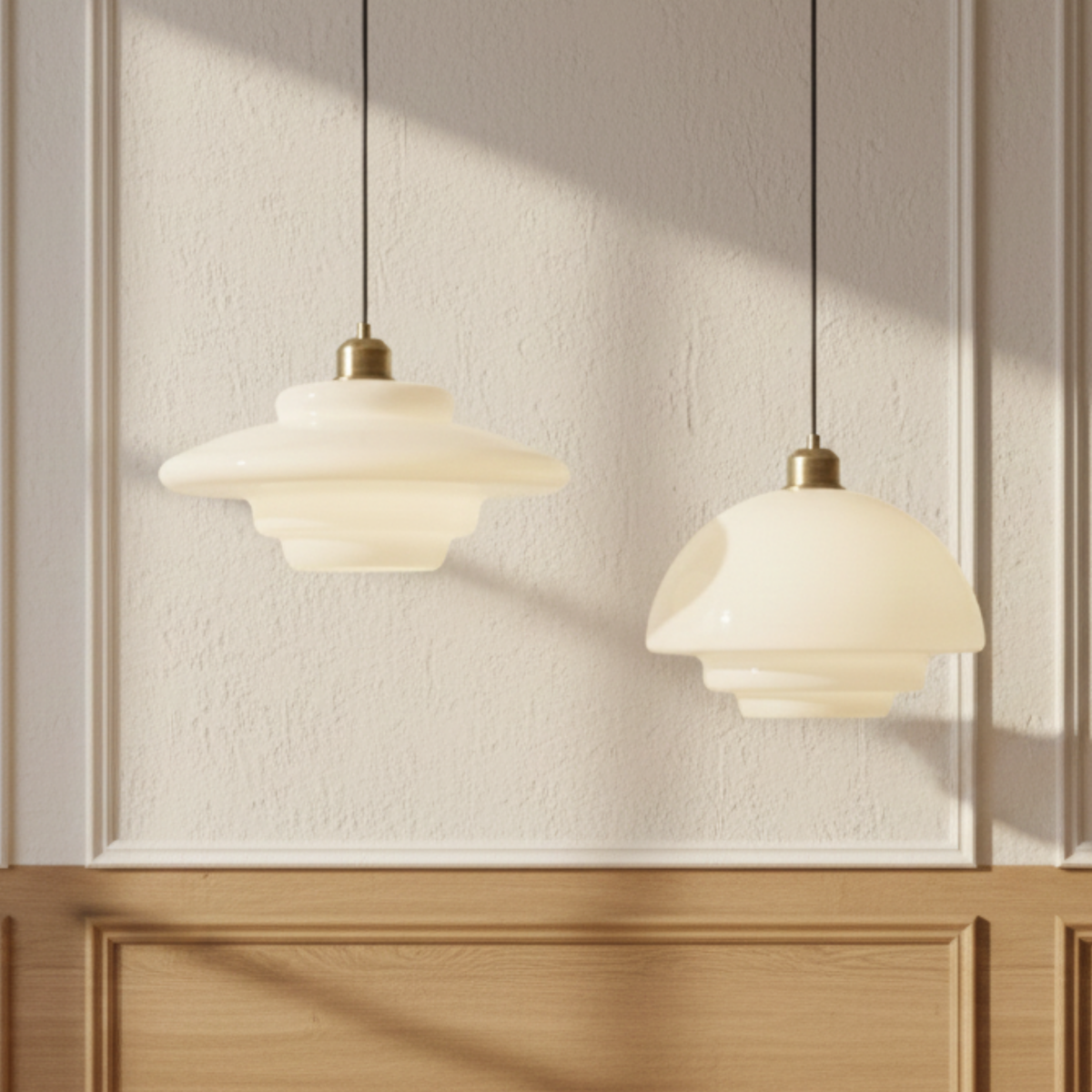 Taklampa i mid-century-stil – vit opalglasskärm, mässingsdetaljer