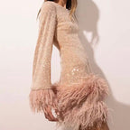 Mini fitted dress for women with sequin hem and feathers | Euroselle