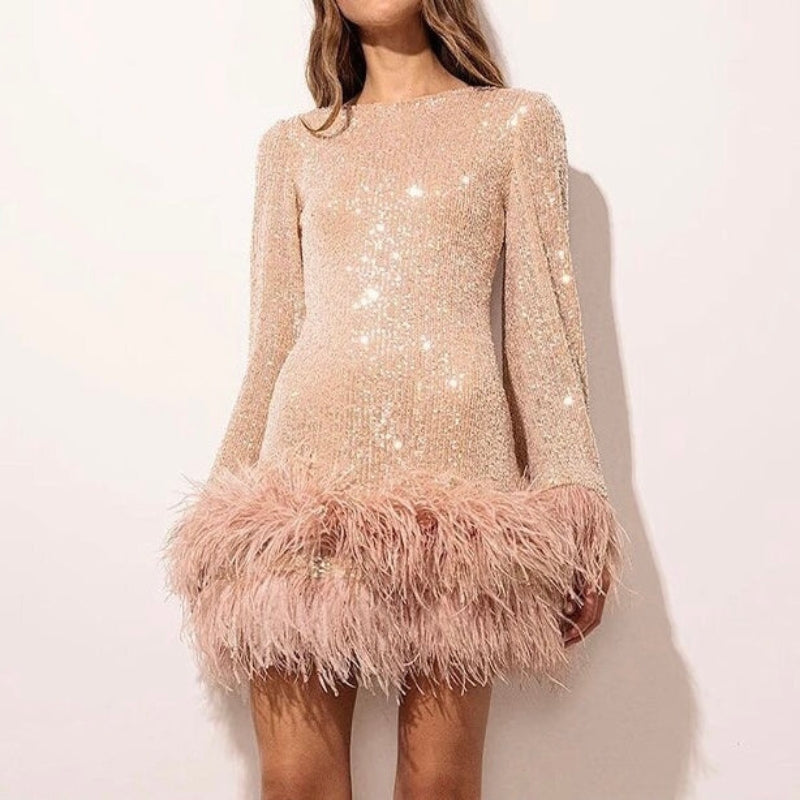 Mini fitted dress for women with sequin hem and feathers | Euroselle