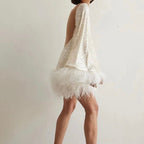 Mini fitted dress for women with sequin hem and feathers | Euroselle