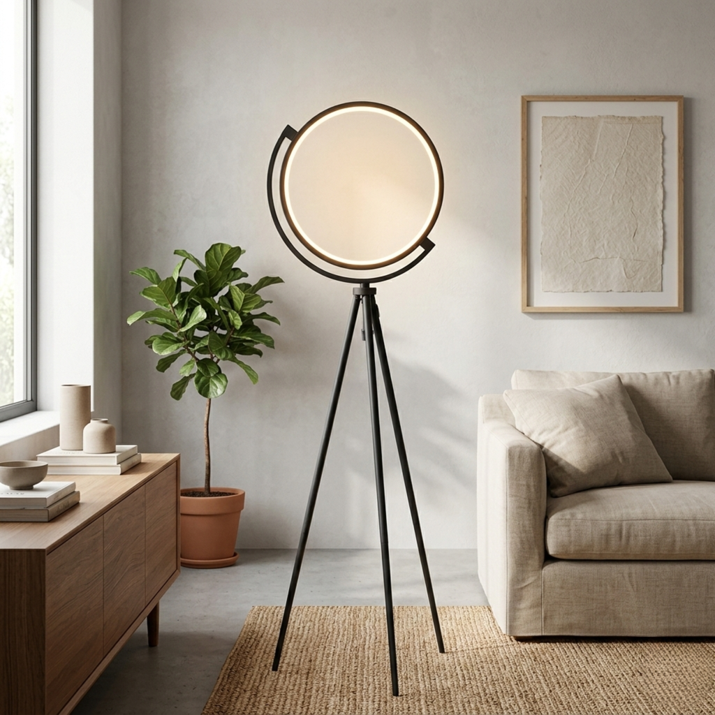 Minimalistisk svart LED-gulvlampe i aluminium med ring – trebent sokkel