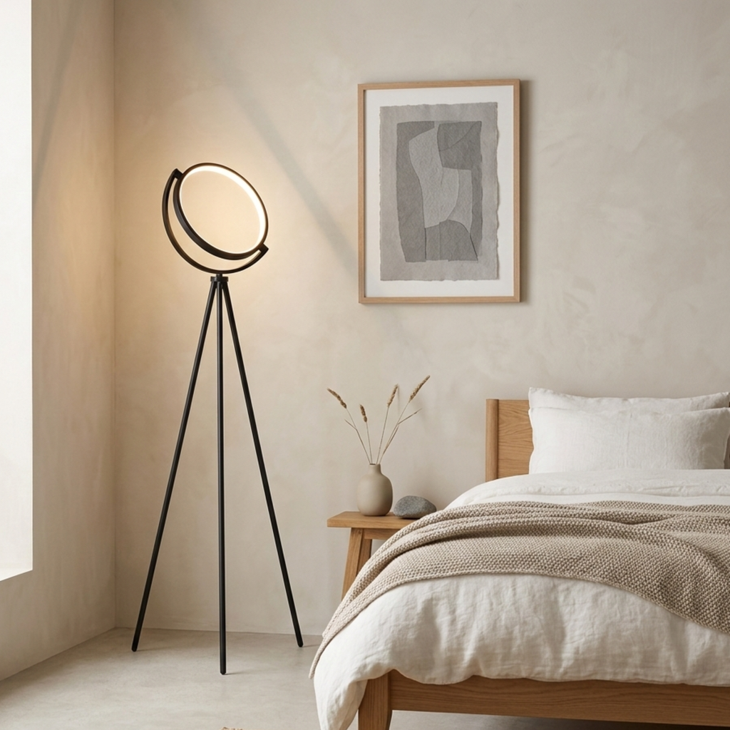 Minimalistisk svart LED-gulvlampe i aluminium med ring – trebent sokkel
