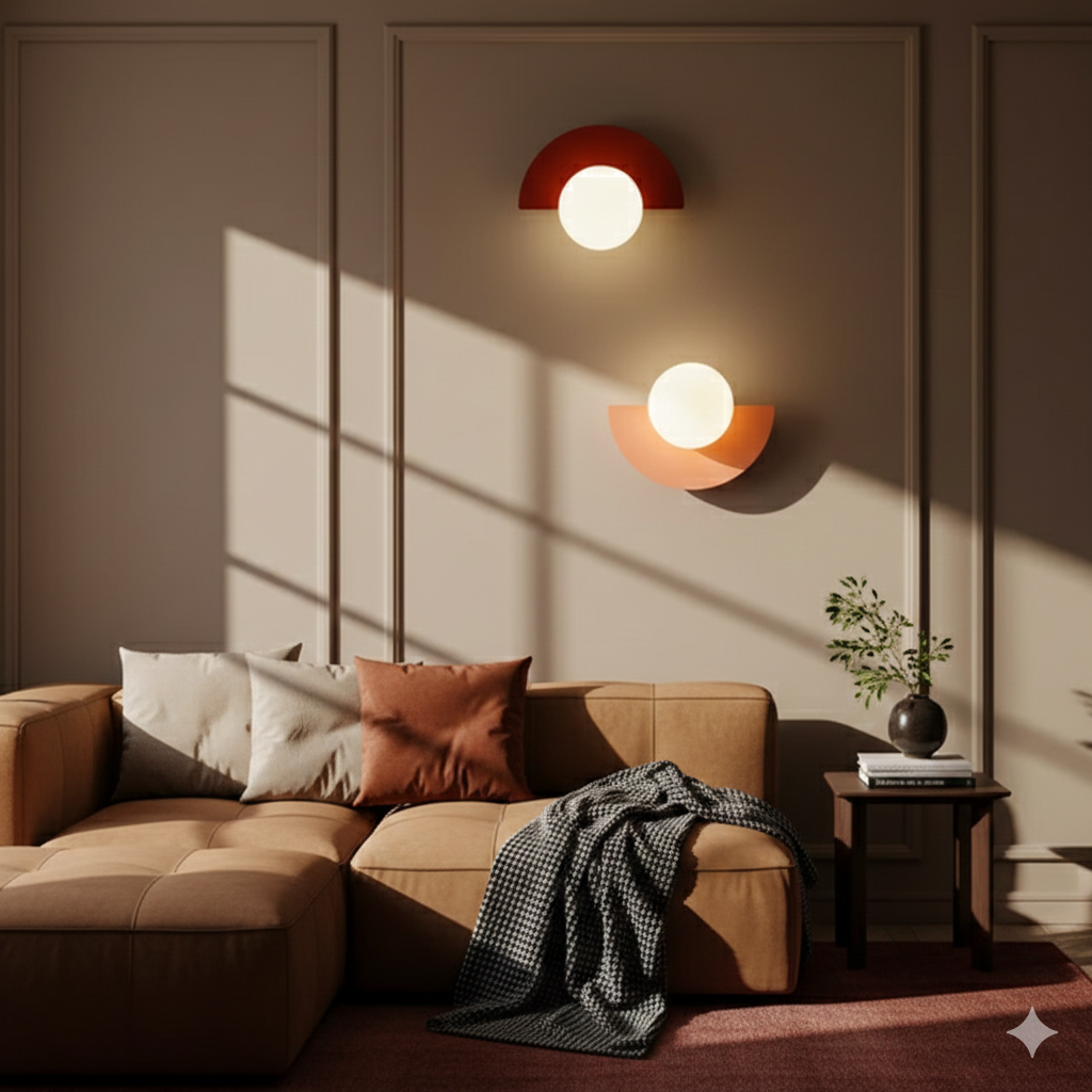 Minimalistické nástěnné LED svítidlo se skleněnou koulí — půlměsíčkový design, průsvitný bílý difuzor