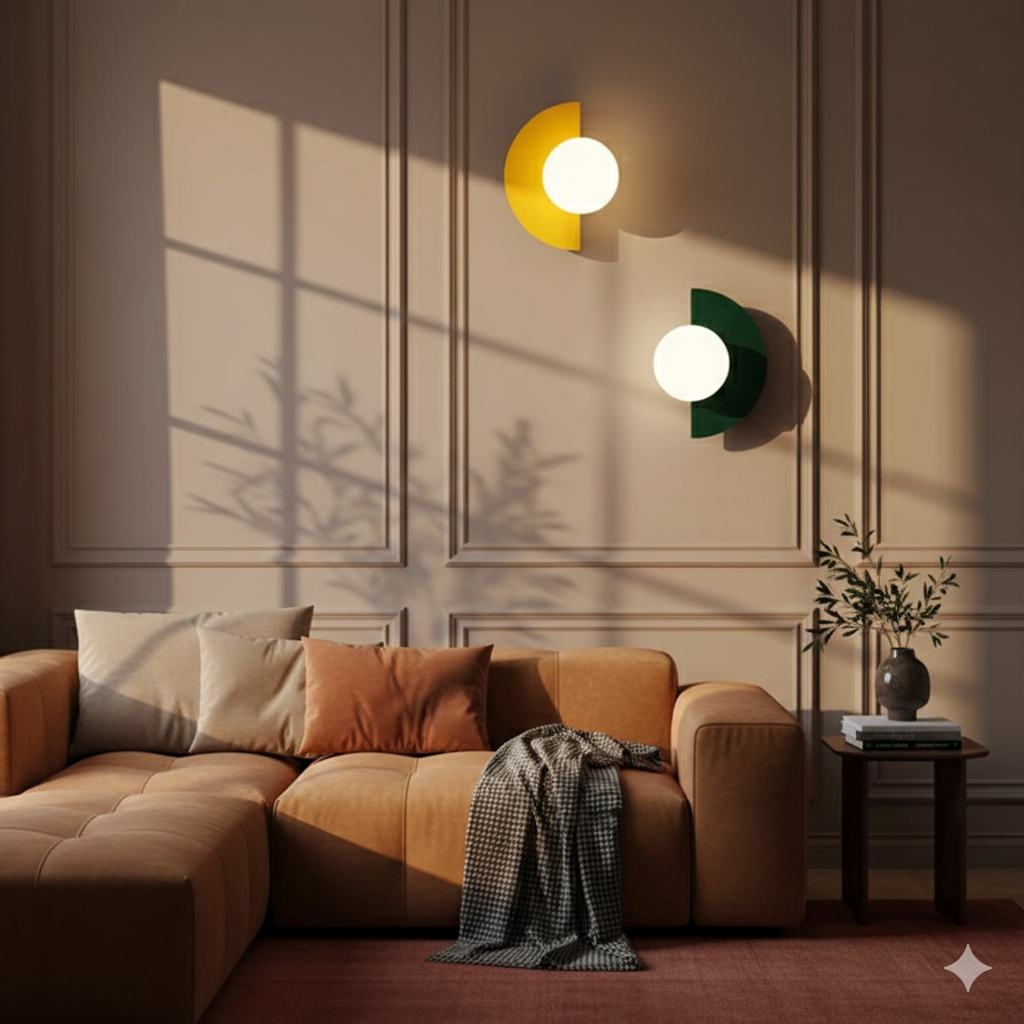 Minimalistické nástěnné LED svítidlo se skleněnou koulí — půlměsíčkový design, průsvitný bílý difuzor