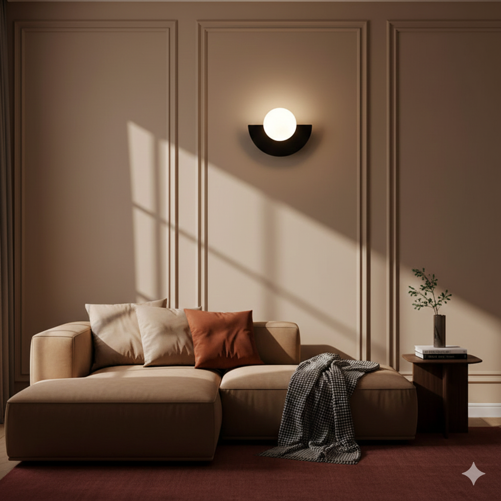 Minimalistické nástěnné LED svítidlo se skleněnou koulí — půlměsíčkový design, průsvitný bílý difuzor