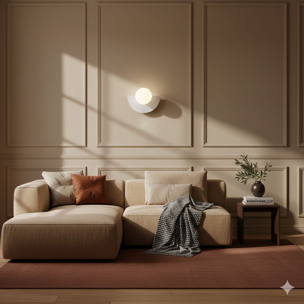 Minimalistické nástěnné LED svítidlo se skleněnou koulí — půlměsíčkový design, průsvitný bílý difuzor