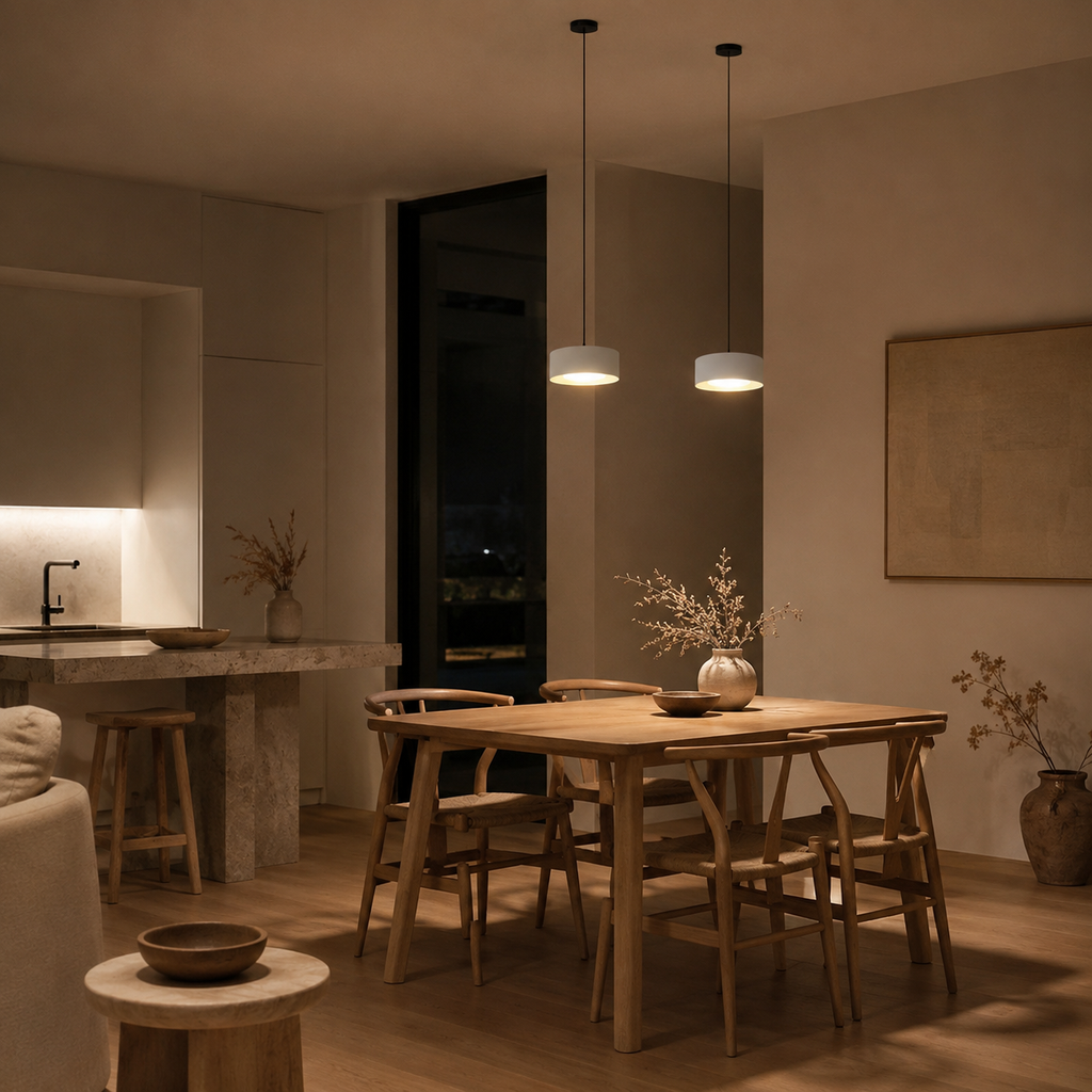 Minimalistisk LED-pendellampa i järn med kupolform — 15 cm bred, 9 cm hög, kompakt design