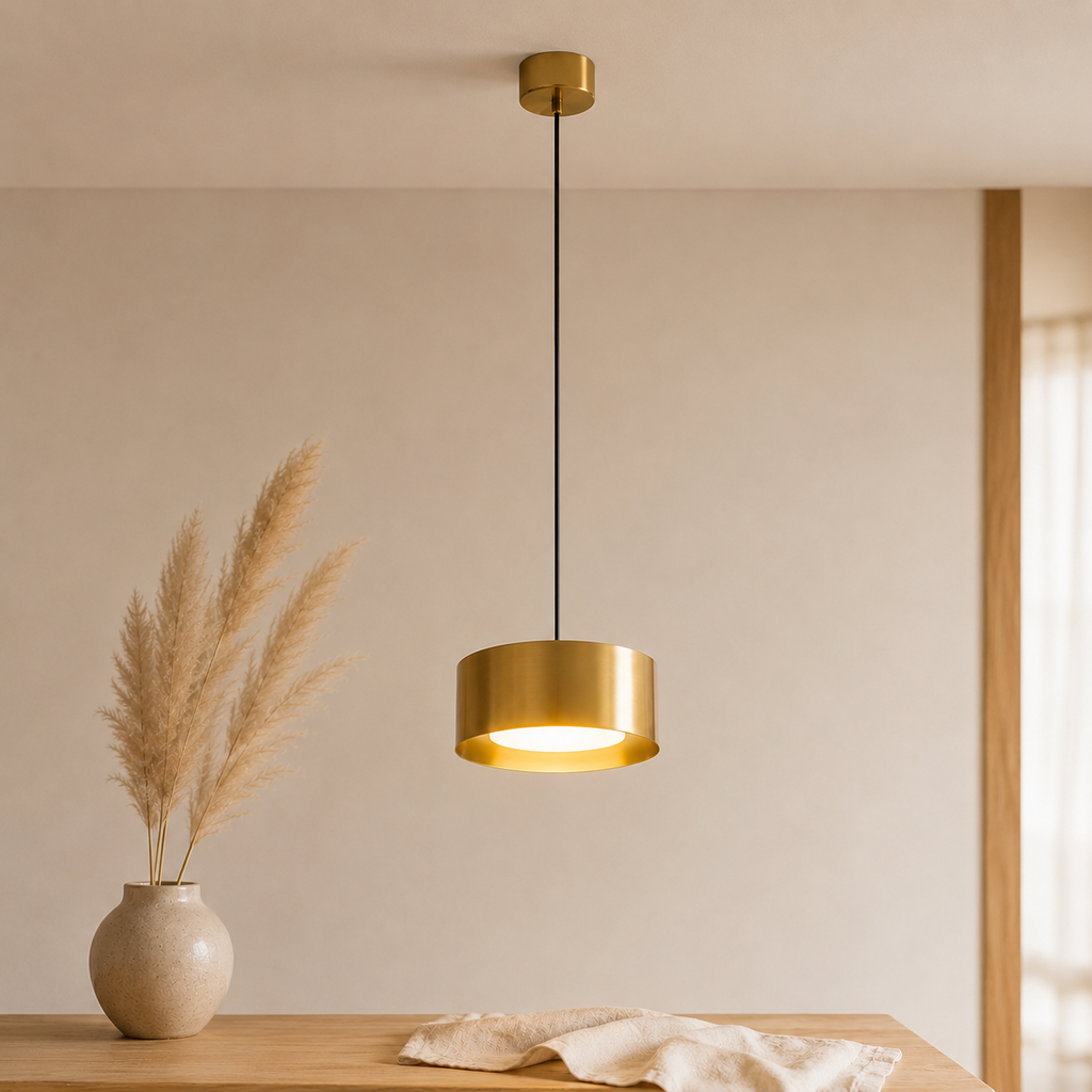 Minimalistisk LED-pendellampa i järn med kupolform — 15 cm bred, 9 cm hög, kompakt design