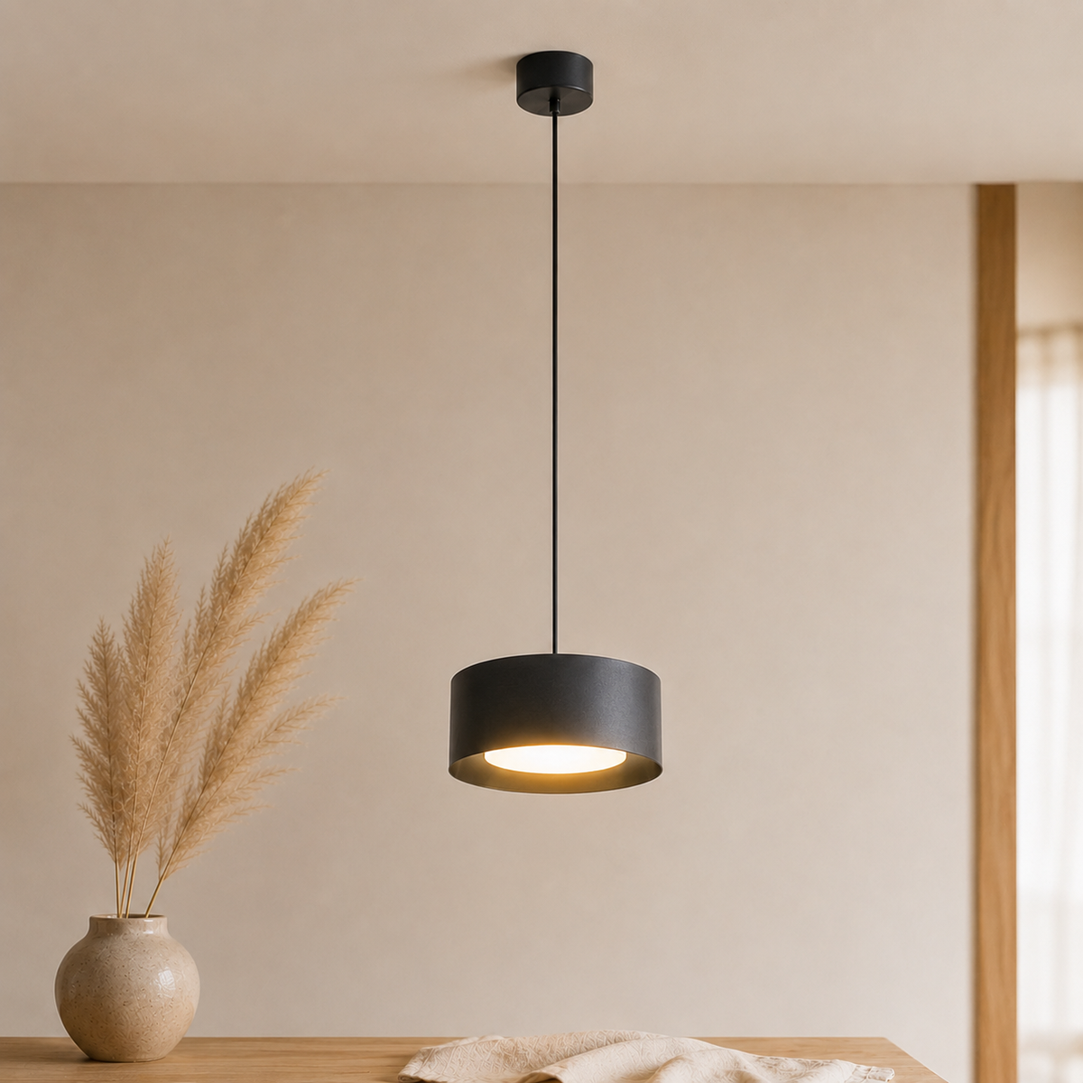 Minimalistisk LED-pendellampa i järn med kupolform — 15 cm bred, 9 cm hög, kompakt design