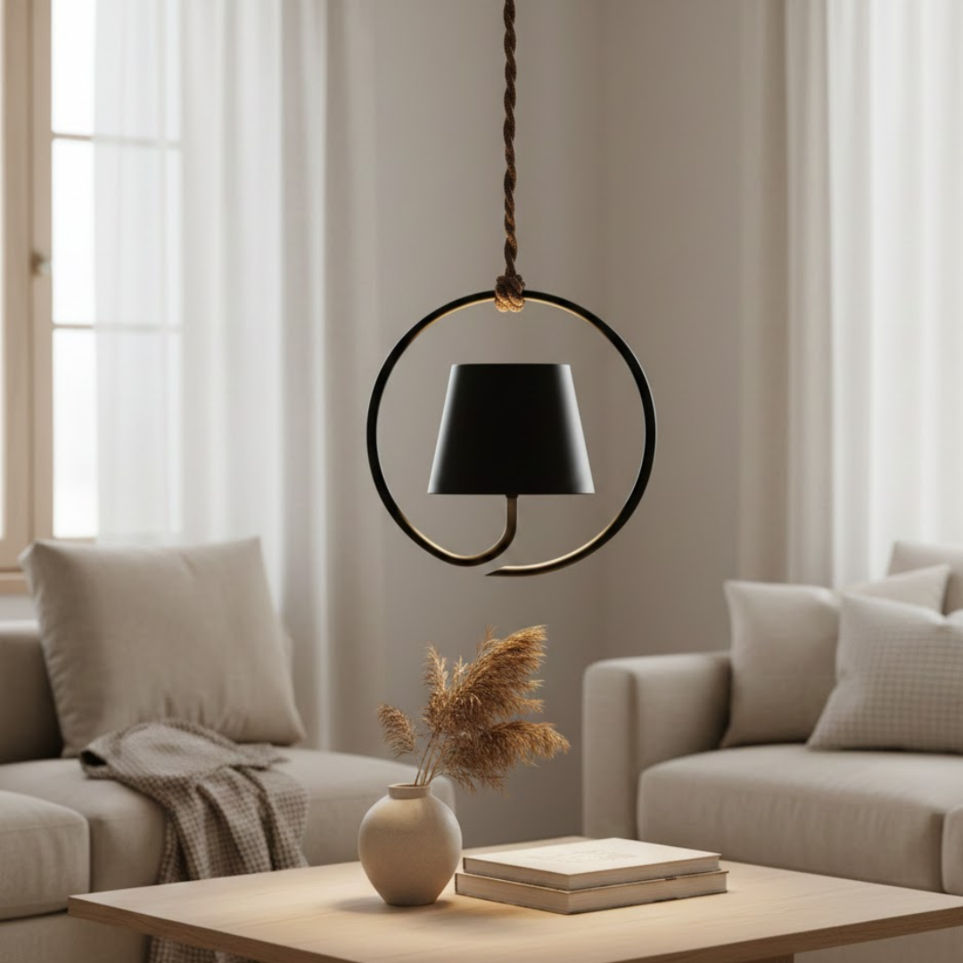 Minimalistické závěsné svítidlo — kruhový LED rám a kuželovité stínidlo