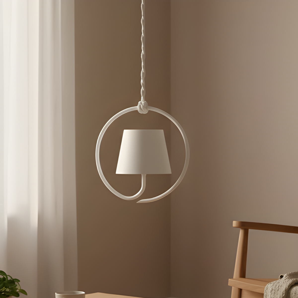 Minimalistické závěsné svítidlo — kruhový LED rám a kuželovité stínidlo