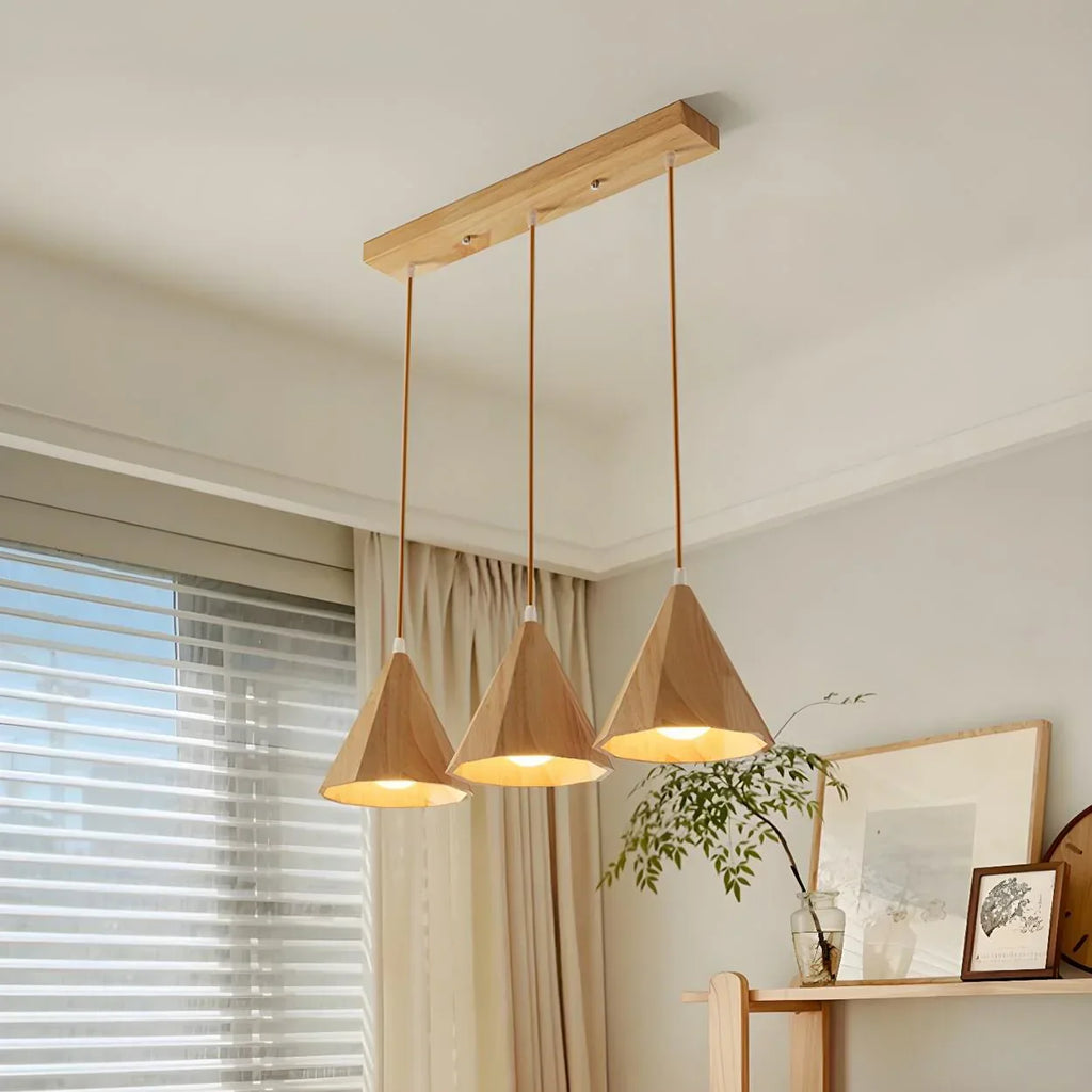 Pendant Lamp Wood Cone Three Head Linear Design LED Compatible | Euroselle