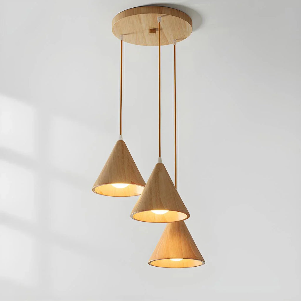 Pendant Lamp Wood Cone Three Head Linear Design LED Compatible | Euroselle