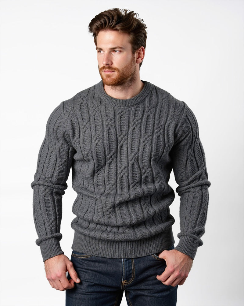 Men’s Cable-Knit Crewneck Sweater — Ribbed Texture, Warm Layer