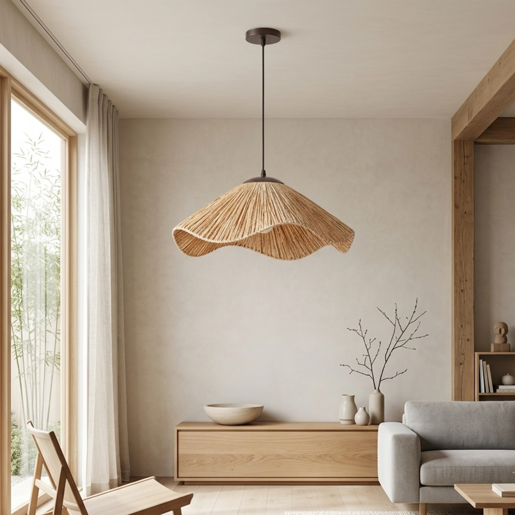 Håndvævet pendellampe i naturgræs | Boho-skærm i stråhatstil