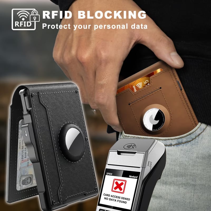Portafoglio in alluminio e pelle con blocco RFID — scomparto a estrazione rapida e fermasoldi
