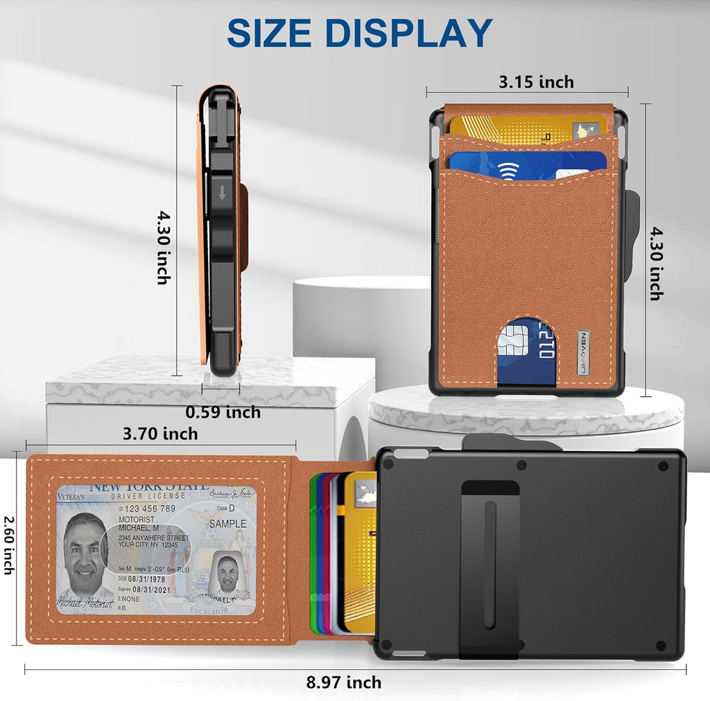 Portafoglio in alluminio e pelle con blocco RFID — scomparto a estrazione rapida e fermasoldi