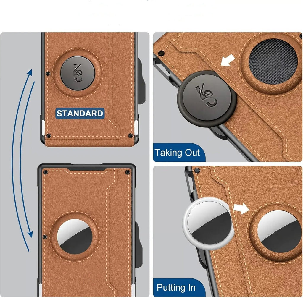 Portafoglio in alluminio e pelle con blocco RFID — scomparto a estrazione rapida e fermasoldi