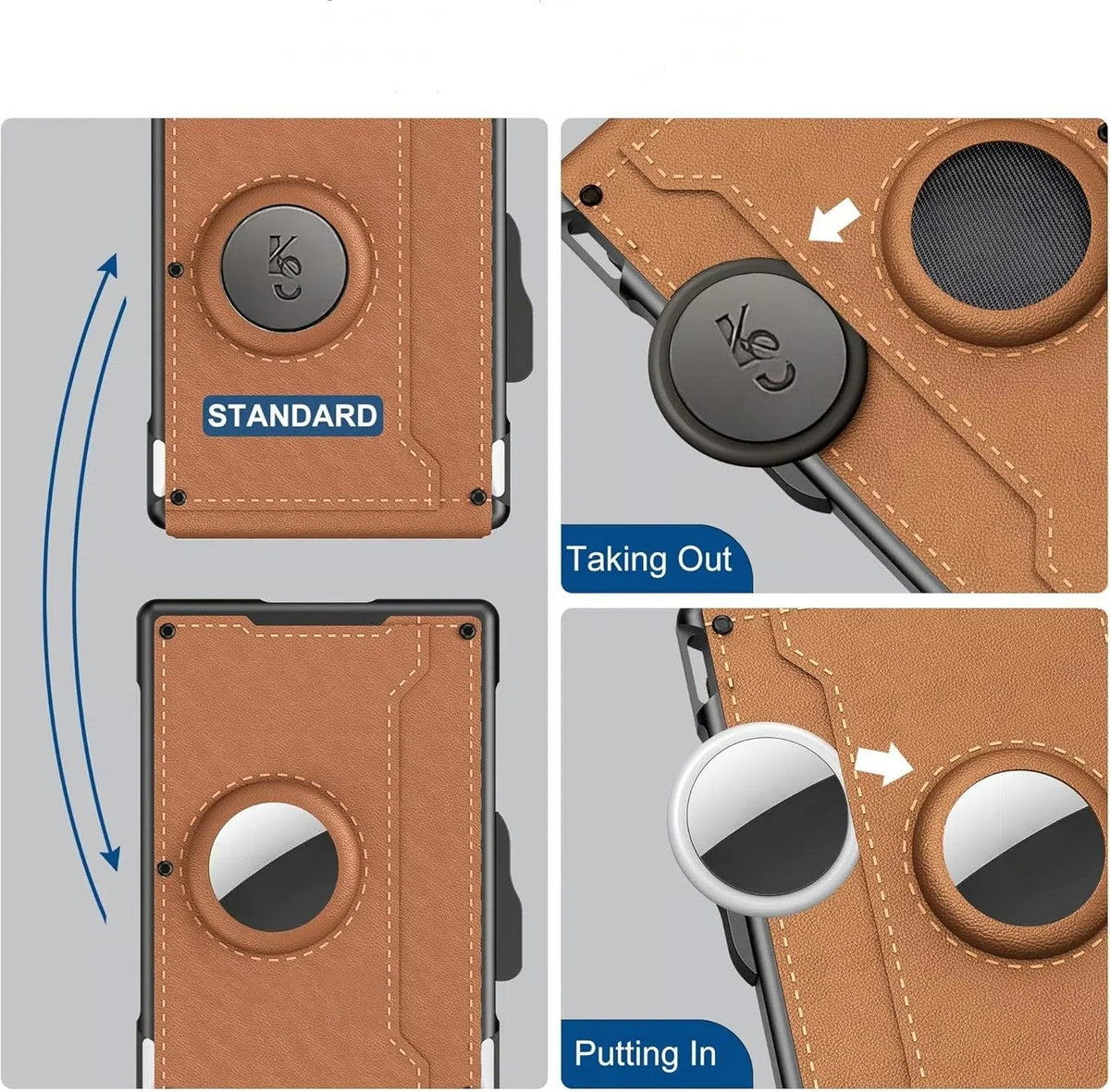 Portafoglio in alluminio e pelle con blocco RFID — scomparto a estrazione rapida e fermasoldi