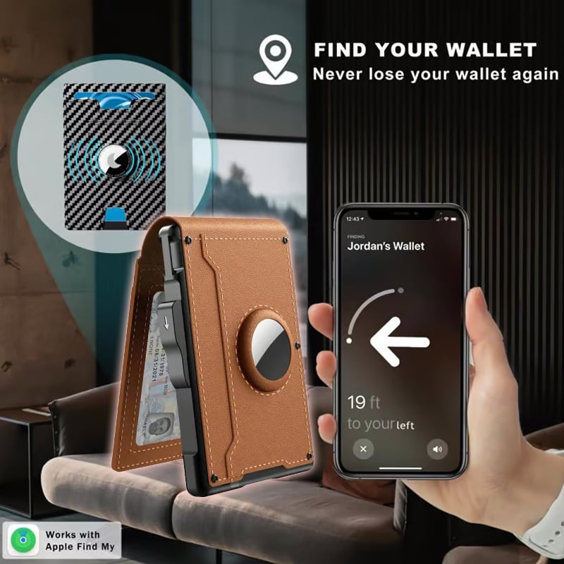 Portafoglio in alluminio e pelle con blocco RFID — scomparto a estrazione rapida e fermasoldi