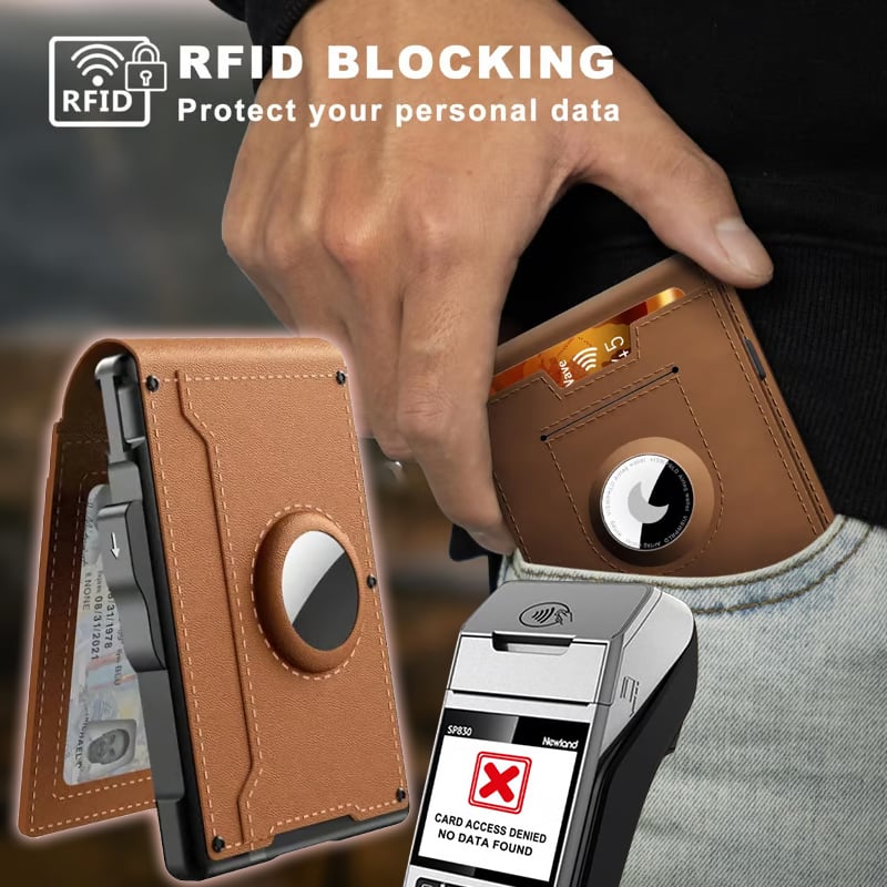 Portafoglio in alluminio e pelle con blocco RFID — scomparto a estrazione rapida e fermasoldi