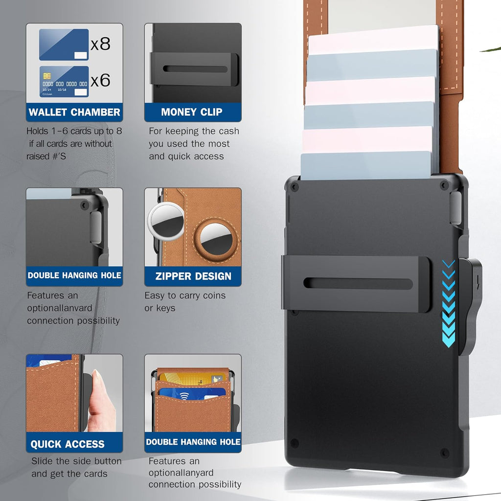 Portafoglio in alluminio e pelle con blocco RFID — scomparto a estrazione rapida e fermasoldi