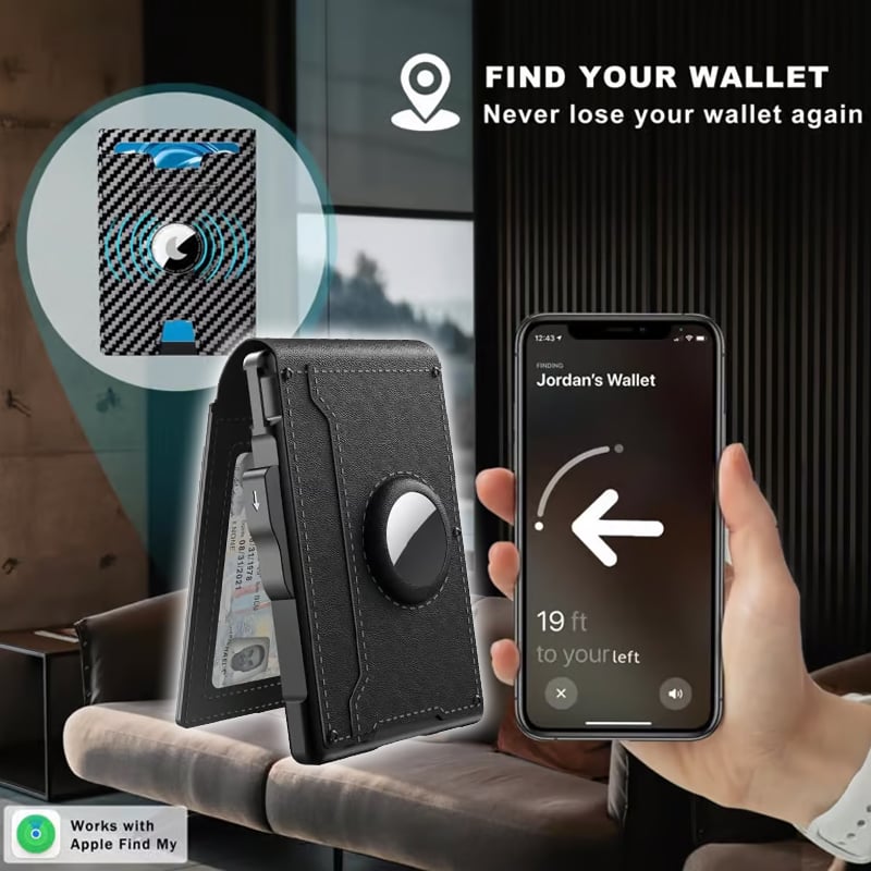 Portafoglio in alluminio e pelle con blocco RFID — scomparto a estrazione rapida e fermasoldi