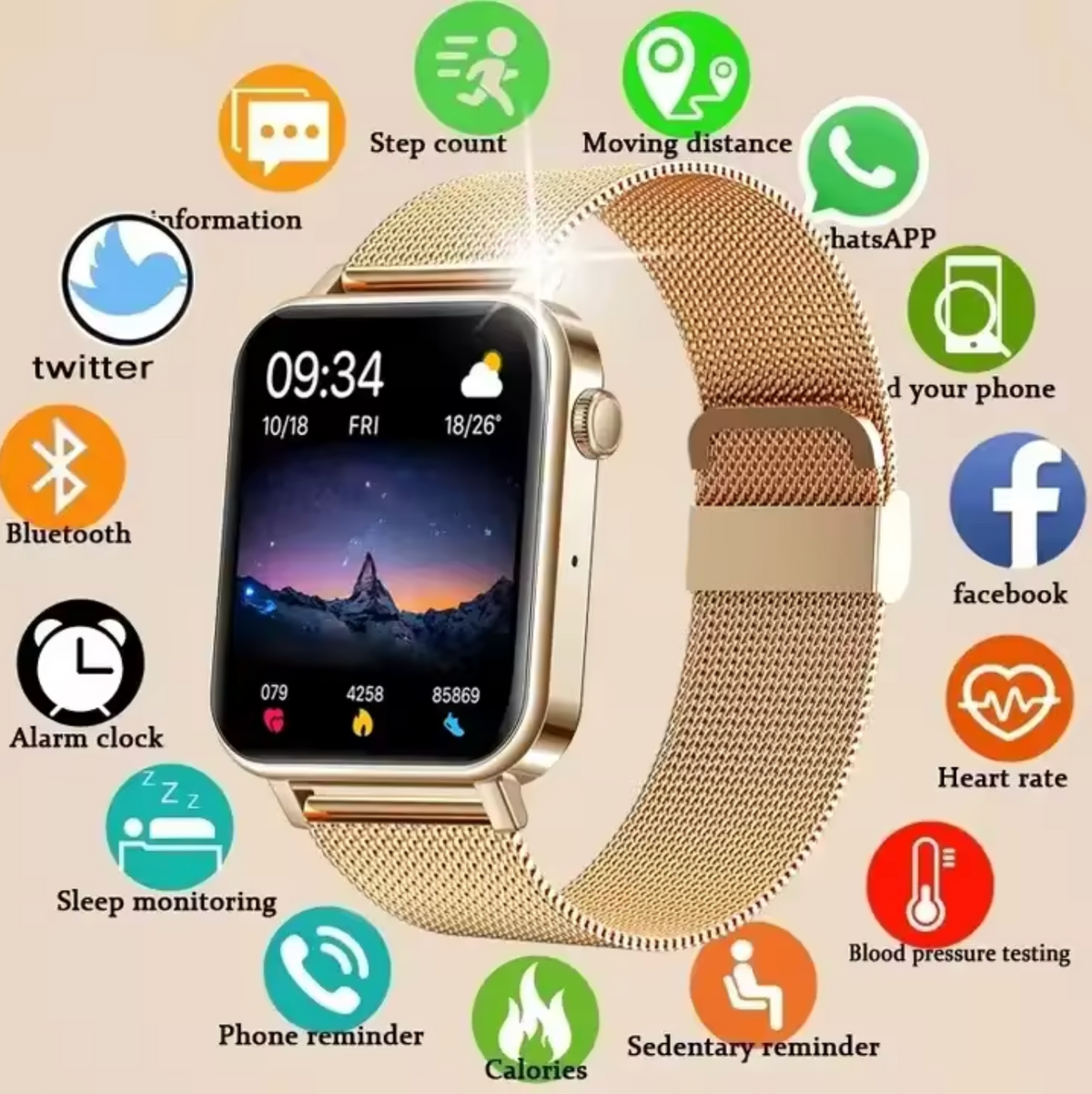 Women's Fitness Tracker Watch — Metal Band, HR/Sleep/SpO2 Alerts