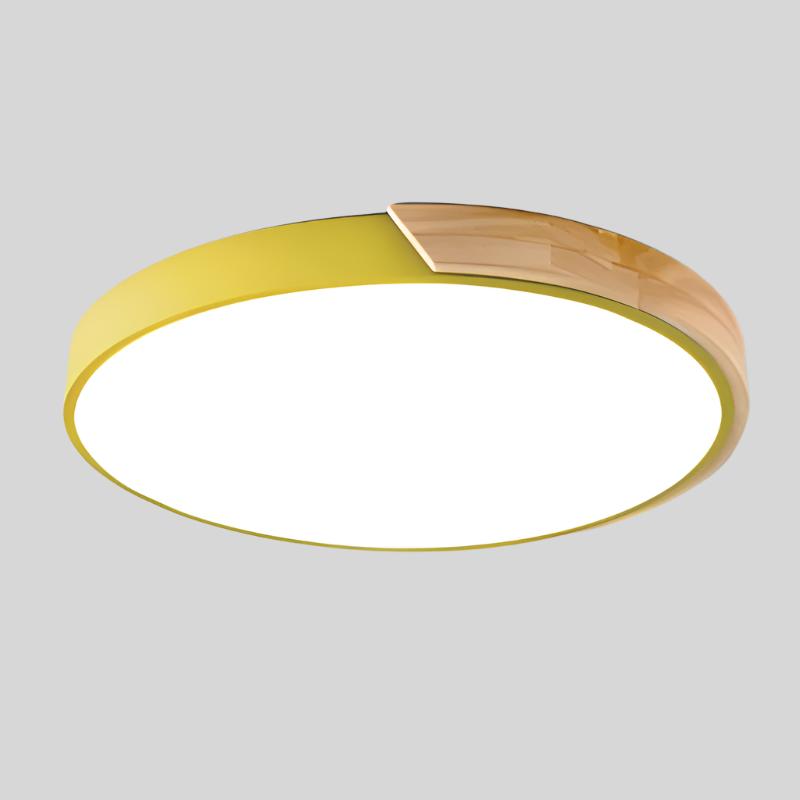 Nowoczesna lampa sufitowa LED przylegająca do sufitu — okrągły klosz z drewnianym akcentem