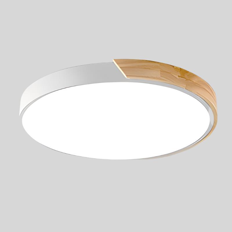 Nowoczesna lampa sufitowa LED przylegająca do sufitu — okrągły klosz z drewnianym akcentem