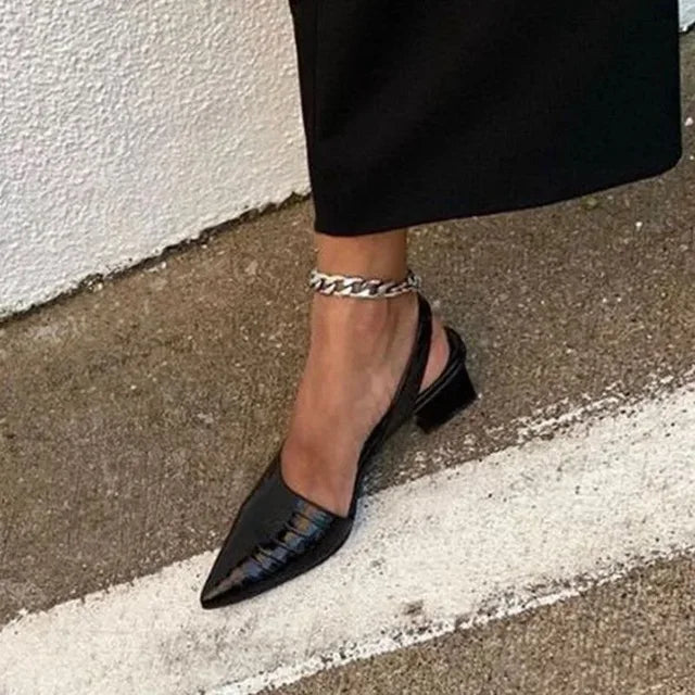 Escarpins slingback à bout pointu pour femme - marron gaufré façon crocodile, soutien de la voûte plantaire