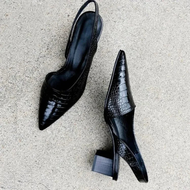 Escarpins slingback à bout pointu pour femme - marron gaufré façon crocodile, soutien de la voûte plantaire