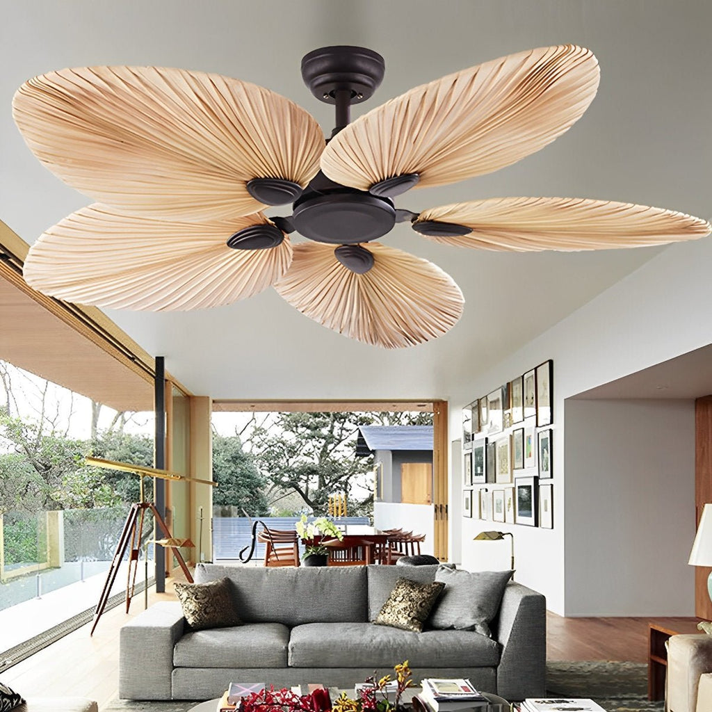 52 hüvelykes, távirányítós, trópusi leveles mennyezeti ventilátor rendkívül halk, egyenáramú motorral hálószobákba és nappalikba | Hűsítő ventilátor természetes barna pálmalevél-stílusban