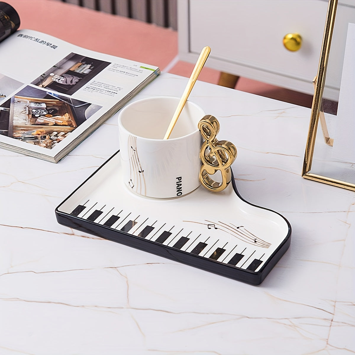 Musical Notes Piano Cup and Saucer Set with Tray | Euroselle