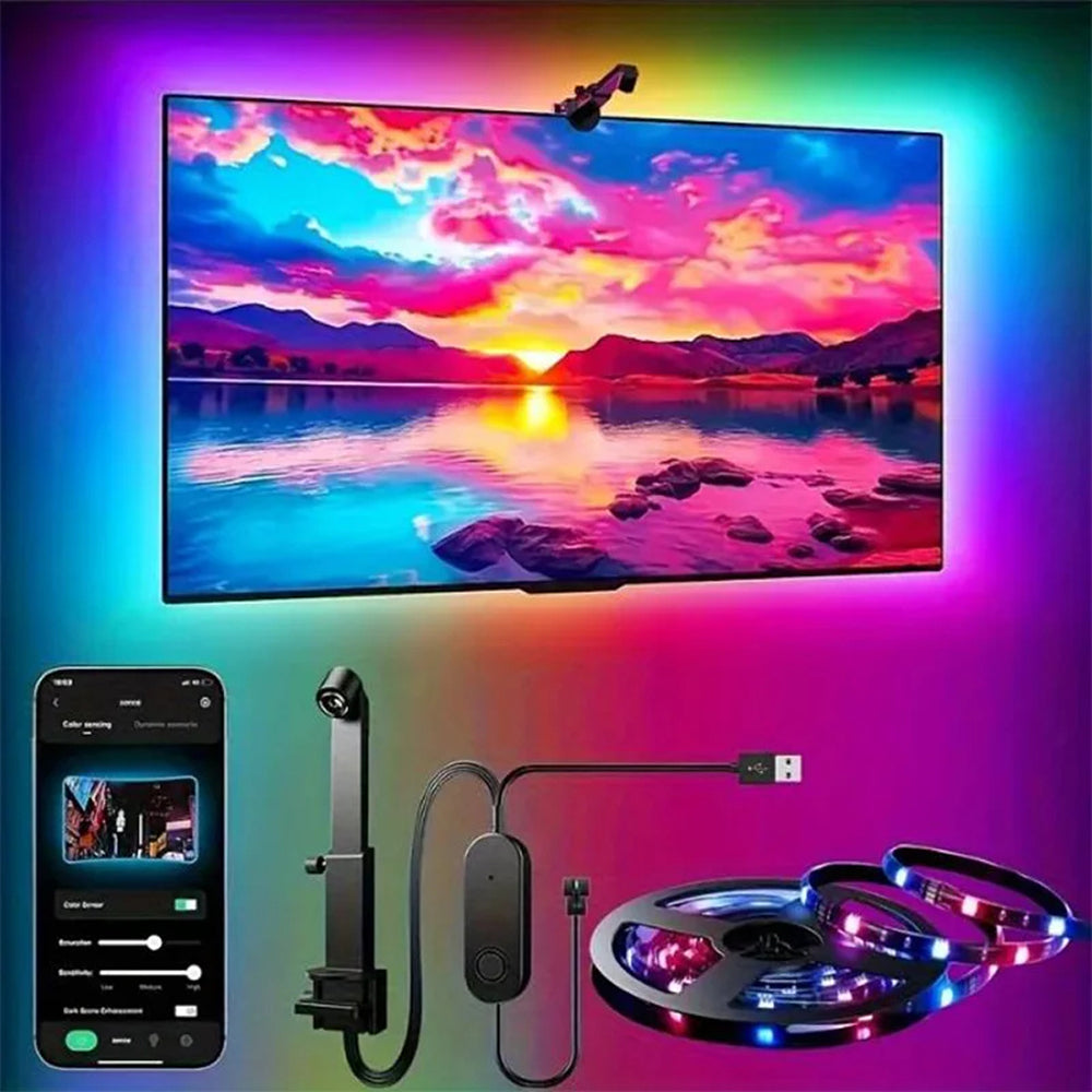 Intelligente RGBIC-TV-Hintergrundbeleuchtung für 55-75-Zoll-Fernseher, Kamera und Bluetooth-App