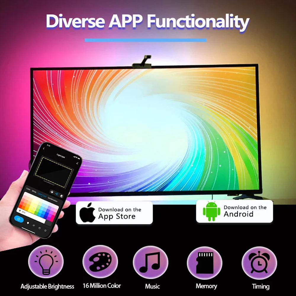 Intelligente RGBIC-TV-Hintergrundbeleuchtung für 55-75-Zoll-Fernseher, Kamera und Bluetooth-App