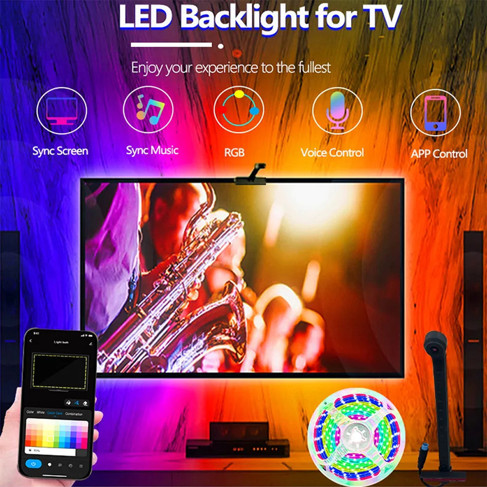Intelligente RGBIC-TV-Hintergrundbeleuchtung für 55-75-Zoll-Fernseher, Kamera und Bluetooth-App