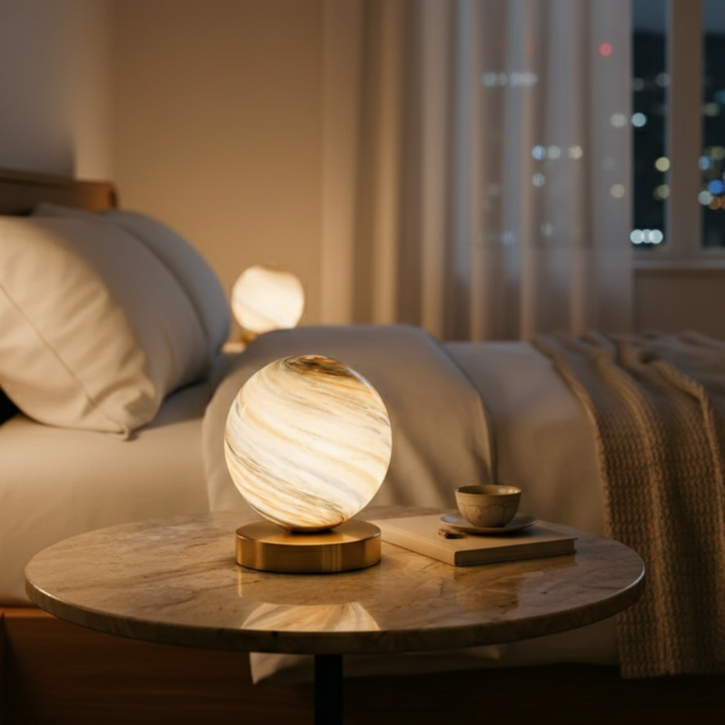 Planetarisk glasskulebordlampe – kobberfot, varmhvit LED