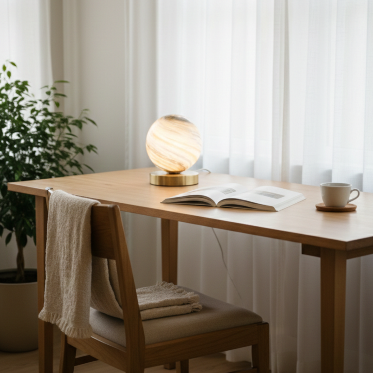 Planetarisk glasskulebordlampe – kobberfot, varmhvit LED