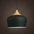 Metal and wood pendant lights in delicate pastel tones