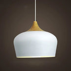 Metal and wood pendant lights in delicate pastel tones