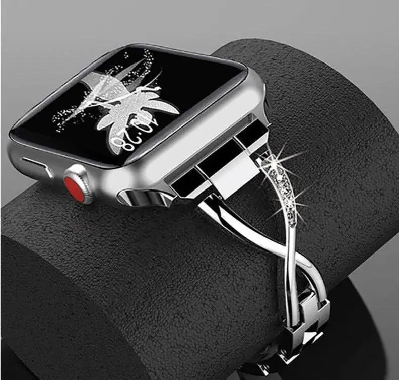 Stylizowany na biżuterię stalowy pasek do Apple Watch i ochronne etui — nakładane