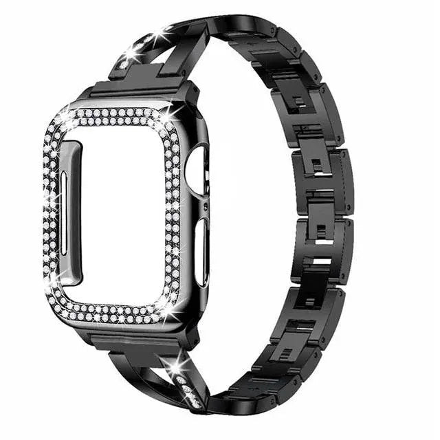 Stylizowany na biżuterię stalowy pasek do Apple Watch i ochronne etui — nakładane