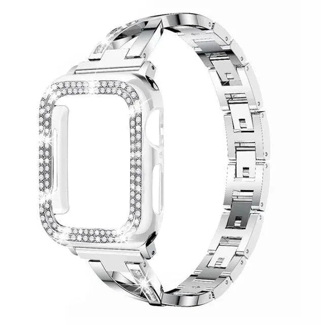 Stylizowany na biżuterię stalowy pasek do Apple Watch i ochronne etui — nakładane