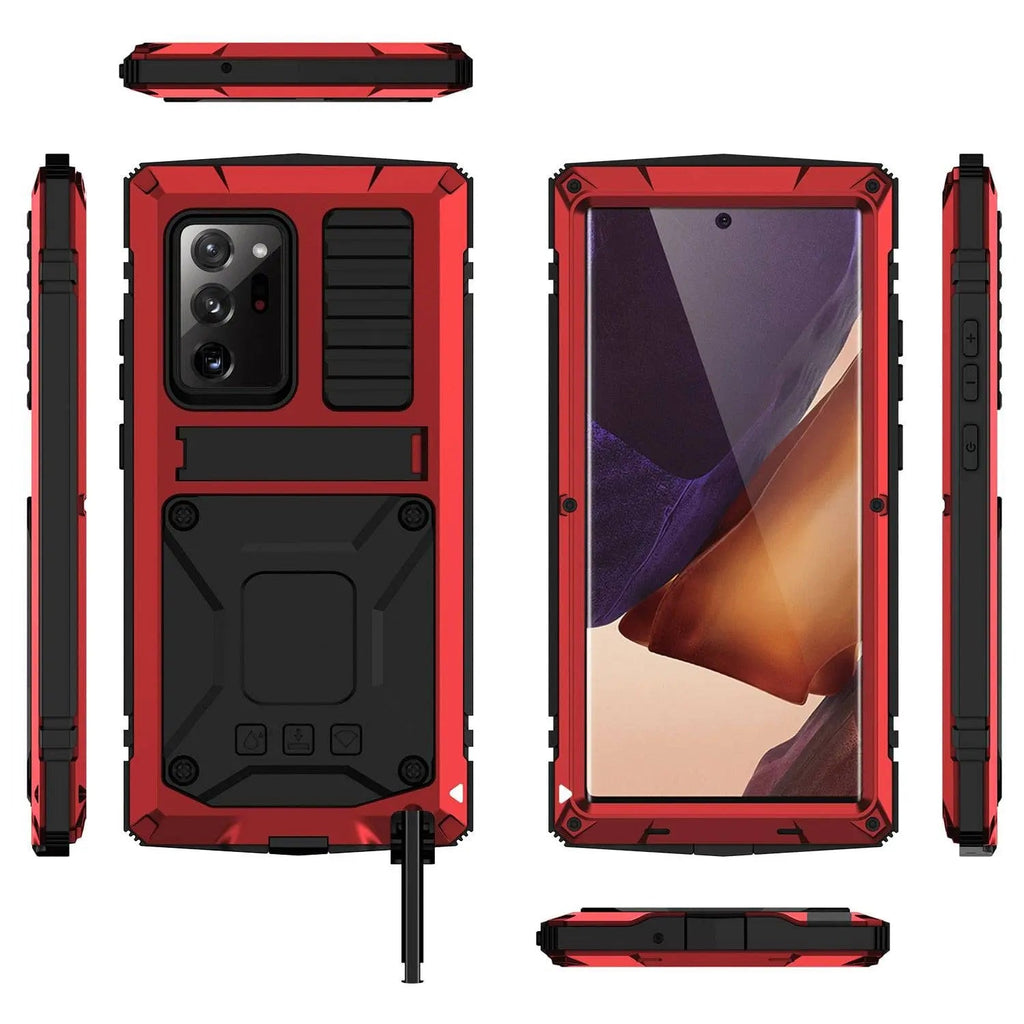 Funda de aluminio para Galaxy S21 — Vidrio templado, soporte plegable y protección contra caídas